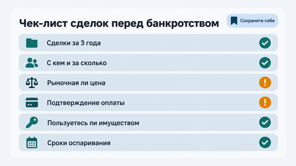 Чек-лист самопроверки сделок перед подачей заявления о банкротстве с пунктами оценки рисков