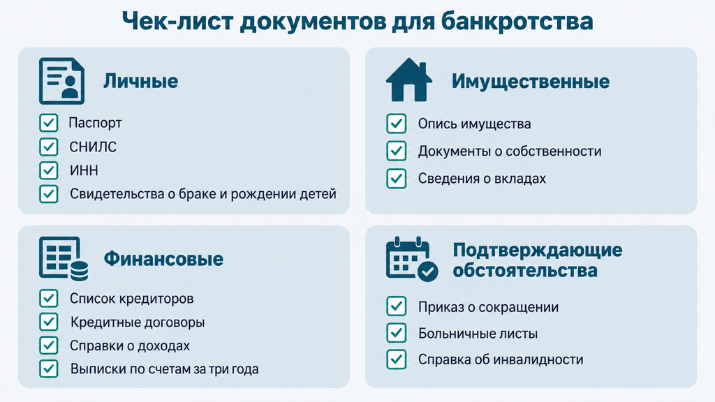 Чек-лист документов для подачи заявления о банкротстве через суд с пиктограммами и чекбоксами по четырем категориям
