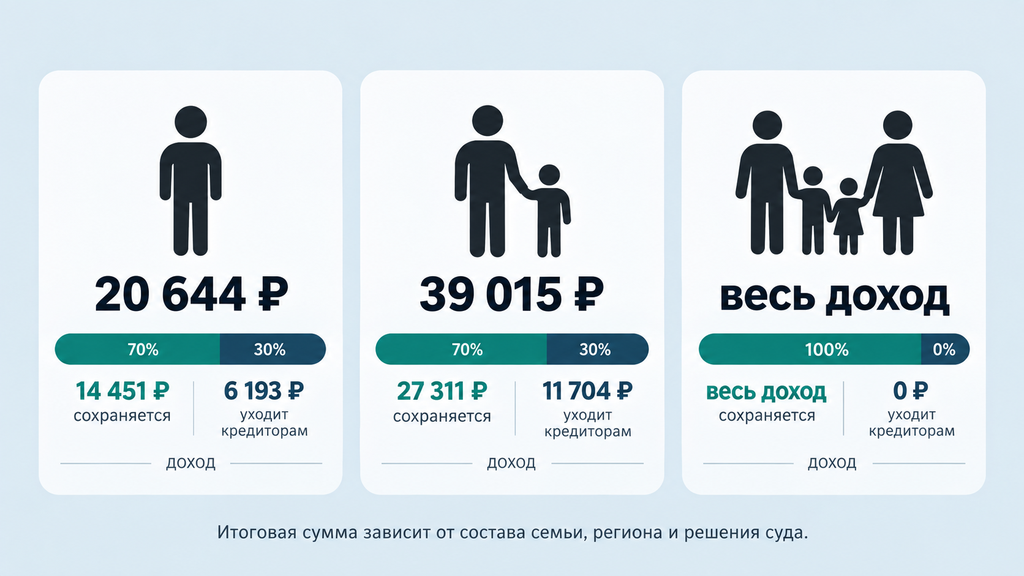 Сравнительная инфографика расчёта суммы на жизнь при банкротстве: три сценария для одинокого должника, родителя с ребёнком и должника с доходом ниже прожиточного минимума