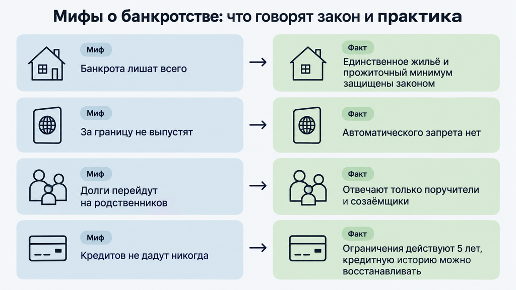 Карточки с мифами и фактами о процедуре банкротства и списании долгов