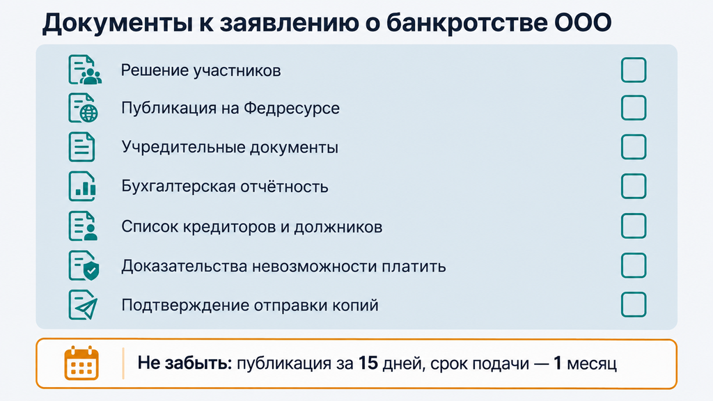 Чек-лист документов к заявлению о банкротстве ООО с галочками и сроками