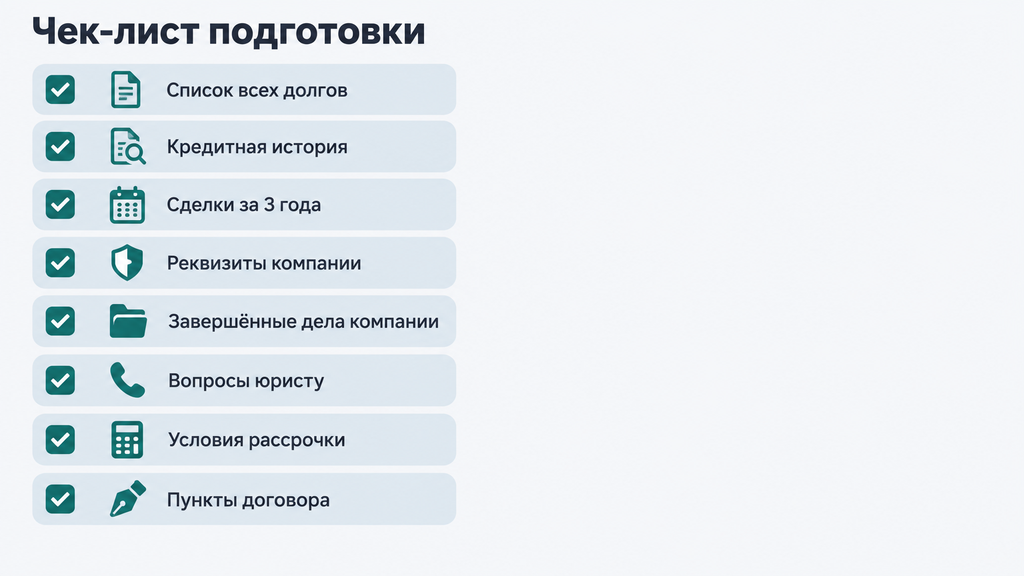 Чек-лист подготовки к банкротству: 8 шагов и иконки документов до первой консультации юриста