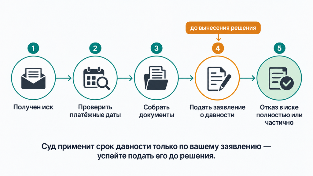 Схема из пяти шагов для заёмщика при получении иска: от проверки дат до отказа во взыскании с выделенным янтарным маркером срока давности