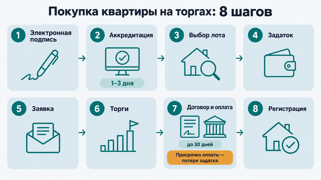 Схема покупки квартиры при банкротстве: 8 шагов сделки с ключевыми сроками