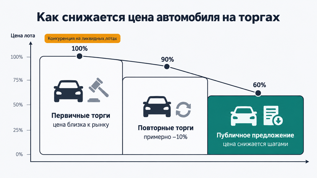 Как снижается цена автомобиля на торгах по банкротству: три этапа торгов, первоначальная рыночная стоимость, скидка около 10% на повторных торгах и постепенное снижение до минимального порога на публичном предложении с выделением выгодного этапа покупки.
