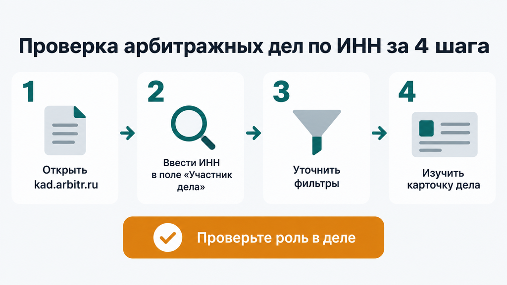Пошаговая инфографика проверки арбитражных дел по ИНН за четыре шага