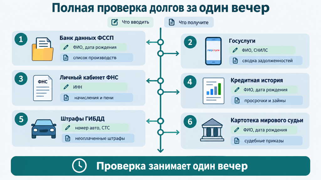 Вертикальный таймлайн из шести шагов проверки всех долгов в России: от базы ФССП и Госуслуг до налоговой, кредитной истории, ГИБДД и суда с подсказками по вводу данных