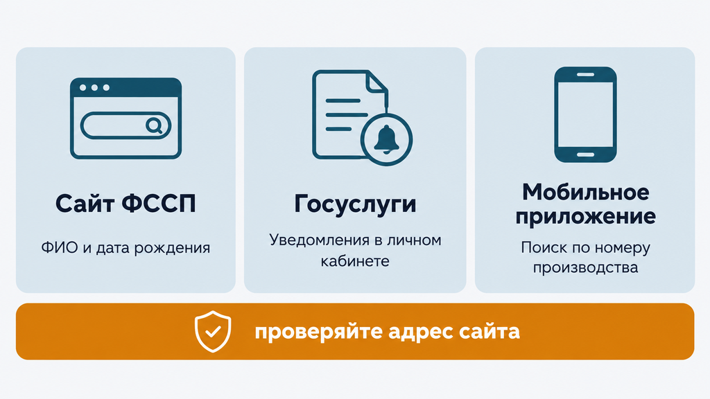 Три официальных способа проверить долги у судебных приставов: сайт ФССП, Госуслуги и мобильное приложение с предупреждением о безопасности