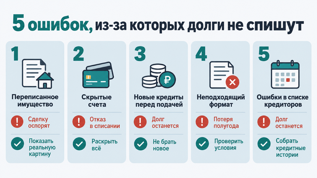 Чек-лист «5 ошибок, из-за которых долги не спишут»: пять карточек с типичными ошибками при банкротстве, их последствиями и способами предотвращения, оформленные цветными блоками и иконками.