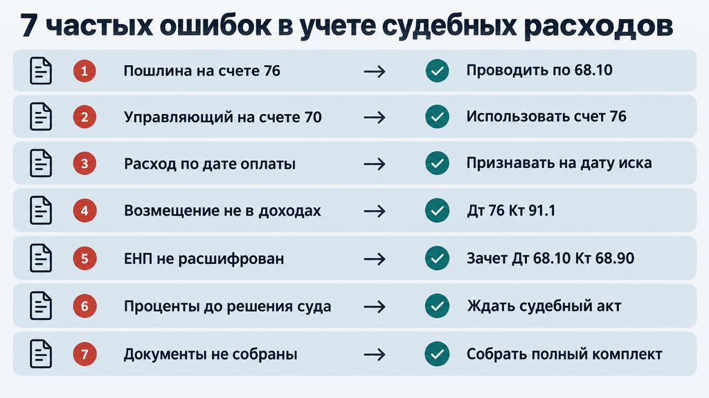 Чек-карта «7 частых ошибок в учете судебных расходов» для быстрой самопроверки бухгалтеров
