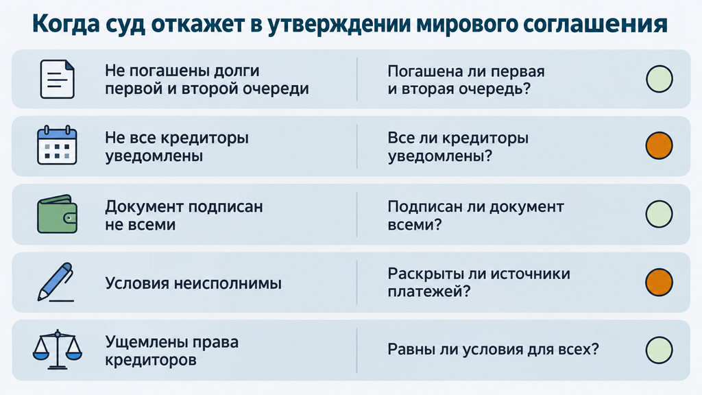Чек-лист причин отказа суда в утверждении мирового соглашения с проверочными вопросами для подготовки документов и снижения риска отказа