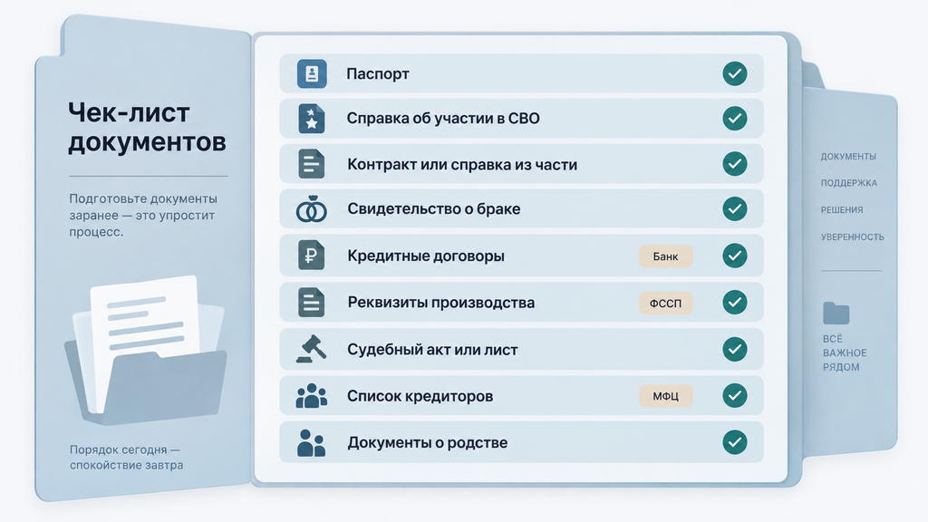 Чек-лист документов для банка, ФССП и МФЦ на светлом фоне с иконками папок, календарей и статусами готовности. Инфографика-справочник с перечнем справок для обращения в государственные и финансовые учреждения.