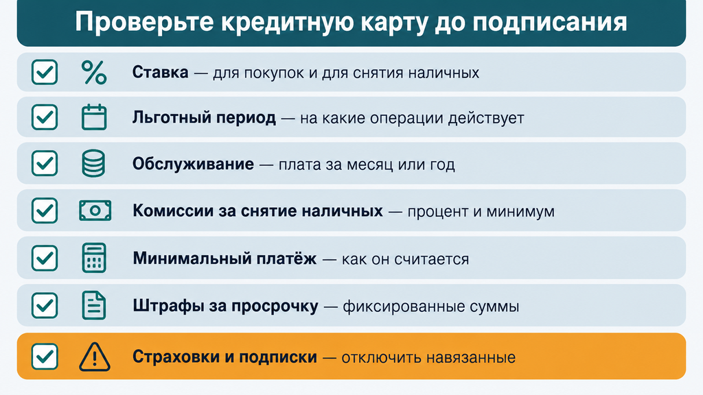 Чек-лист проверки условий кредитной карты перед подписанием договора: ставки, комиссии, обслуживание и страховки