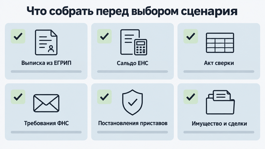 Чек-лист документов и действий бывшего ИП перед выбором сценария: карточки с пиктограммами, выписка из ЕГРИП, справка о сальдо ЕНС, акт сверки, требования ФНС, постановления приставов и сведения об имуществе