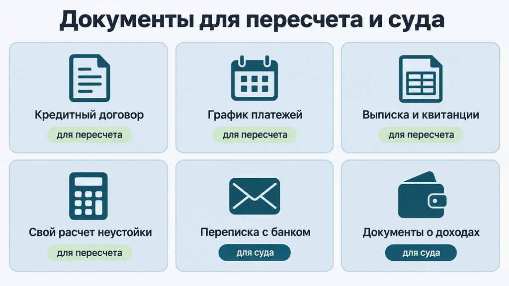 Чек-лист документов для пересчета и оспаривания неустойки: договор, график платежей, выписки, квитанции, расчеты и переписка с банком