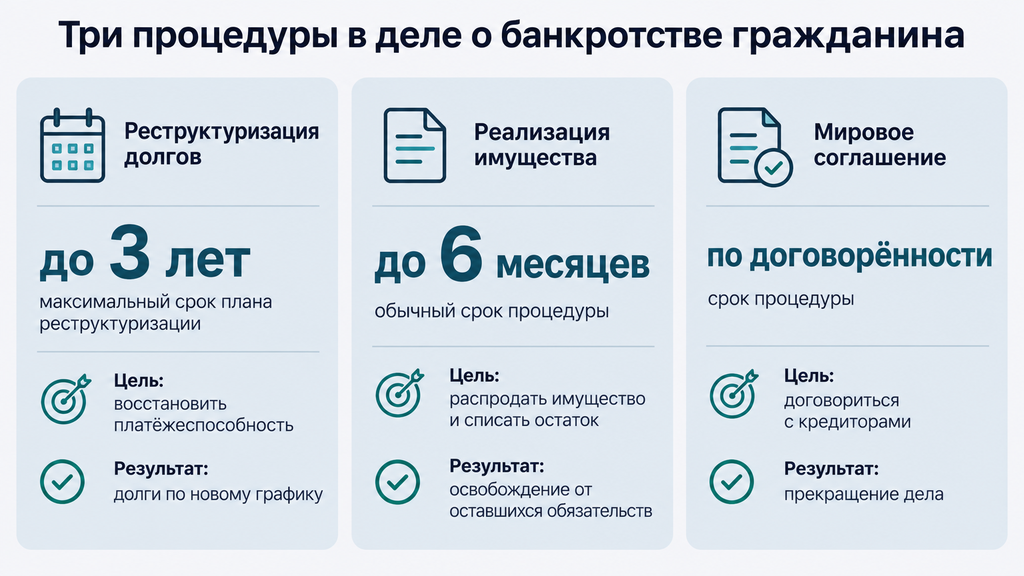Сравнение трёх процедур банкротства гражданина: реструктуризация долгов, реализация имущества и мировое соглашение с указанием целей, сроков и результатов