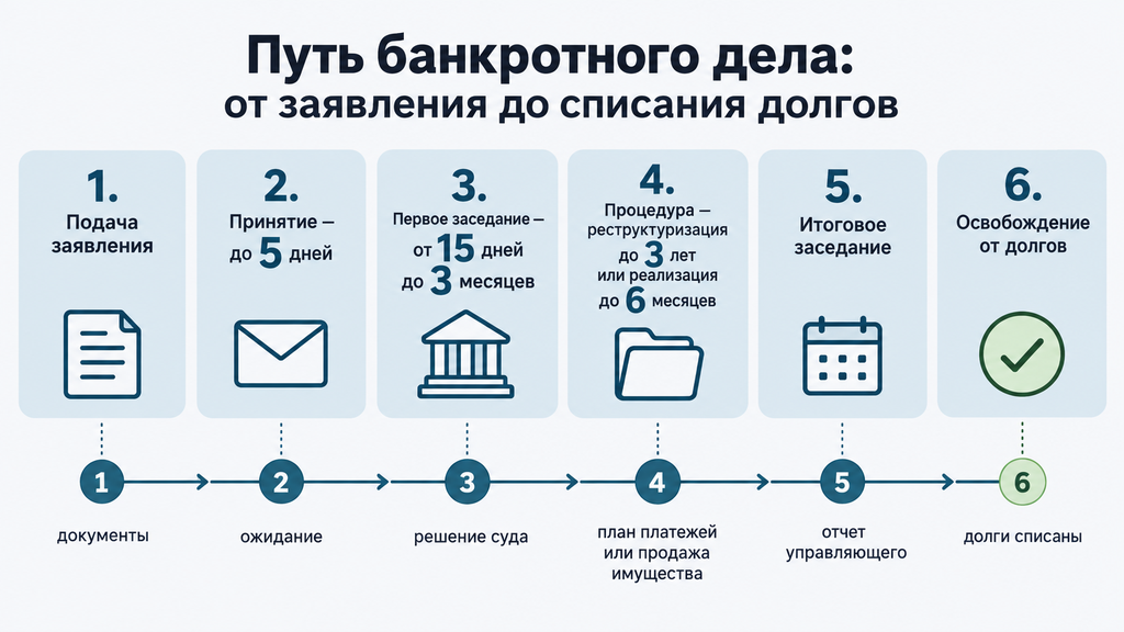 Схема этапов банкротства гражданина от подачи заявления до списания долгов с ключевыми сроками
