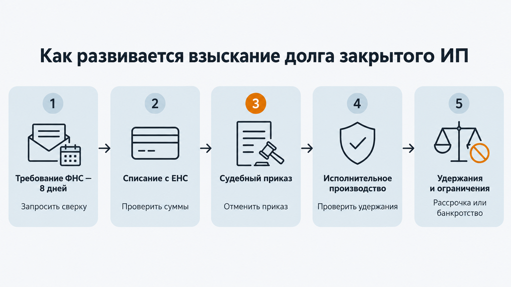 Таймлайн этапов взыскания задолженности закрывшегося ИП с указанием сроков и возможных действий должника
