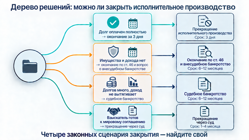 Блок-схема выбора законного способа закрытия исполнительного производства с четырьмя сценариями