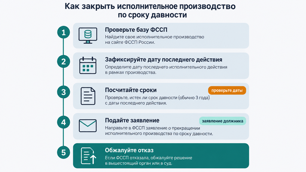 Пошаговый чек-лист для должника: алгоритм закрытия исполнительного производства по истечении срока давности, включающий 5 этапов проверки, подачи заявления и обжалования