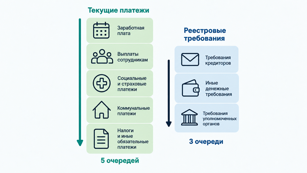 Схема двух потоков выплат при банкротстве: текущие платежи и реестровые требования с указанием приоритета и очередей