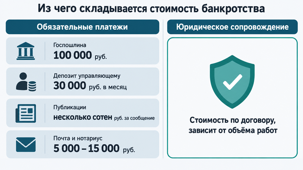Структура расходов на банкротство юридического лица: обязательные платежи и услуги сопровождения