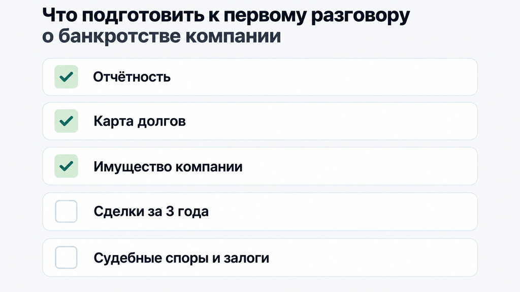Чек-лист подготовки компании к первому разговору о банкротстве
