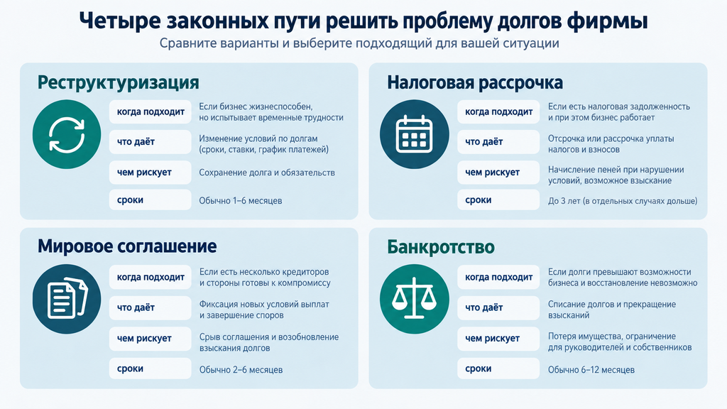 Сравнение четырёх законных вариантов погашения корпоративных долгов: реструктуризация, налоговая рассрочка, мировое соглашение и банкротство с условиями, результатами, рисками и сроками.