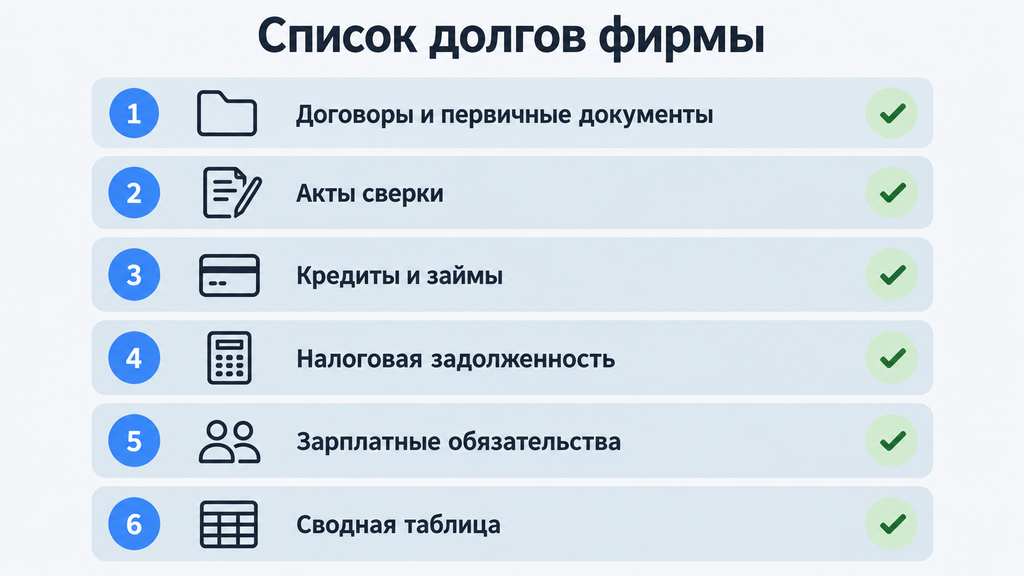 Вертикальный чек-лист «Список долгов фирмы» с шестью пунктами проверки обязательств компании, иконками и зелёными галочками