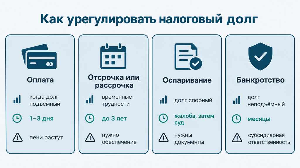 Сравнение законных способов урегулирования налогового долга компании: карточки оплаты, рассрочки, оспаривания и банкротства с условиями, сроками и ключевыми рисками