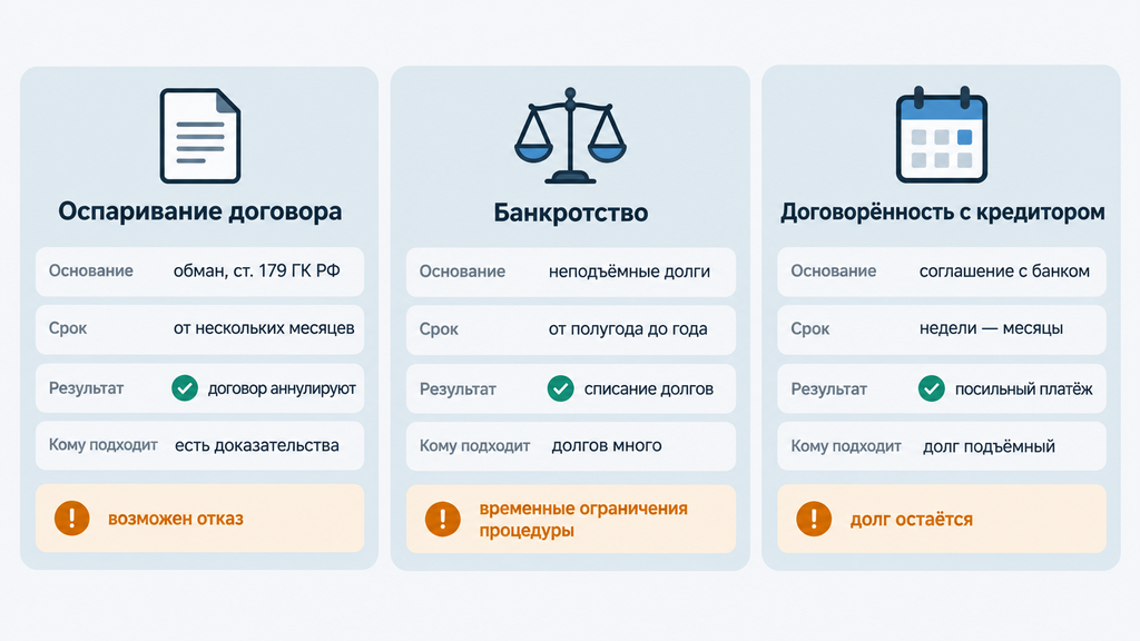 Сравнение трёх законных способов решения проблемы мошеннического долга: оспаривание договора, банкротство и договорённость с кредитором. Три информационные карточки с полями основание срок результат кому подходит и простыми иконками. Зелёным цветом выделены результаты, янтарным ограничения.