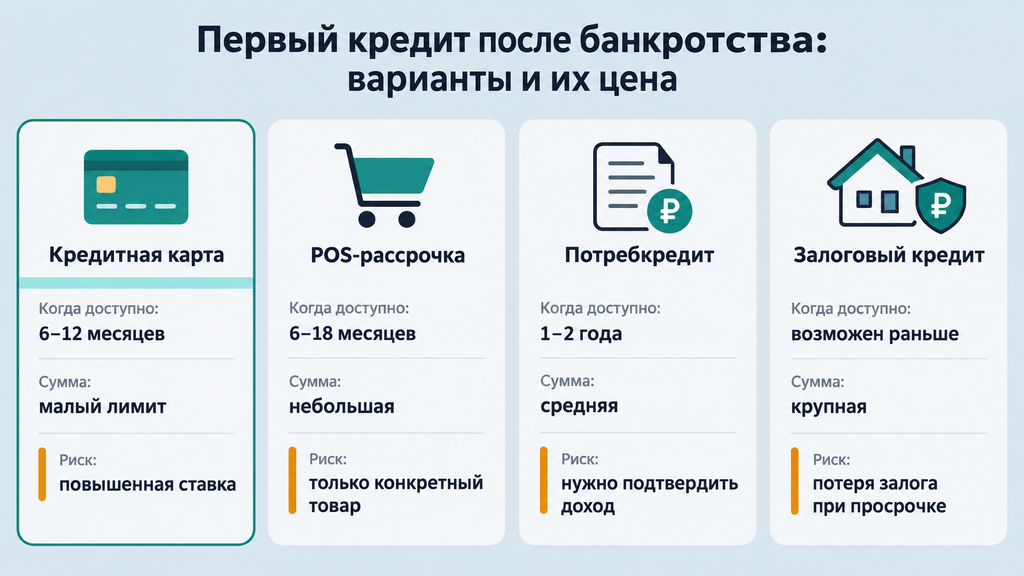 Сравнительная схема вариантов первого кредита после банкротства с карточками по сумме, срокам доступности и основным рискам для выбора стартового финансового инструмента