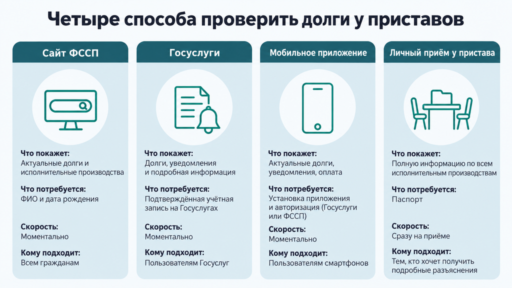 Инфографика сравнения четырёх способов проверить долги у приставов для выбора подходящего варианта