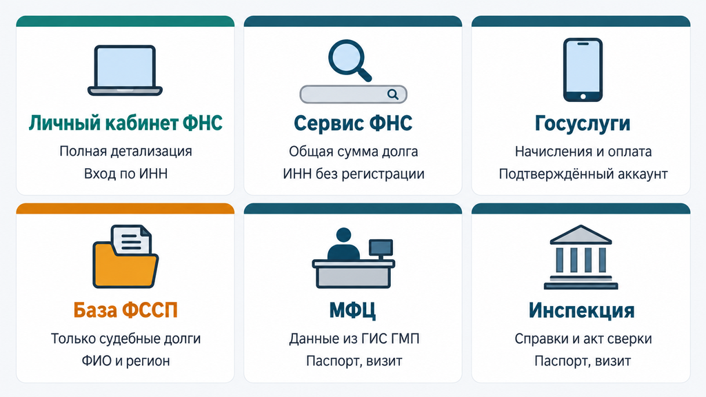 Сравнение 6 способов проверки налоговой задолженности: ФНС, Госуслуги, ФССП, МФЦ. Визуальная карта показывает детализацию данных и требования к каждому методу.