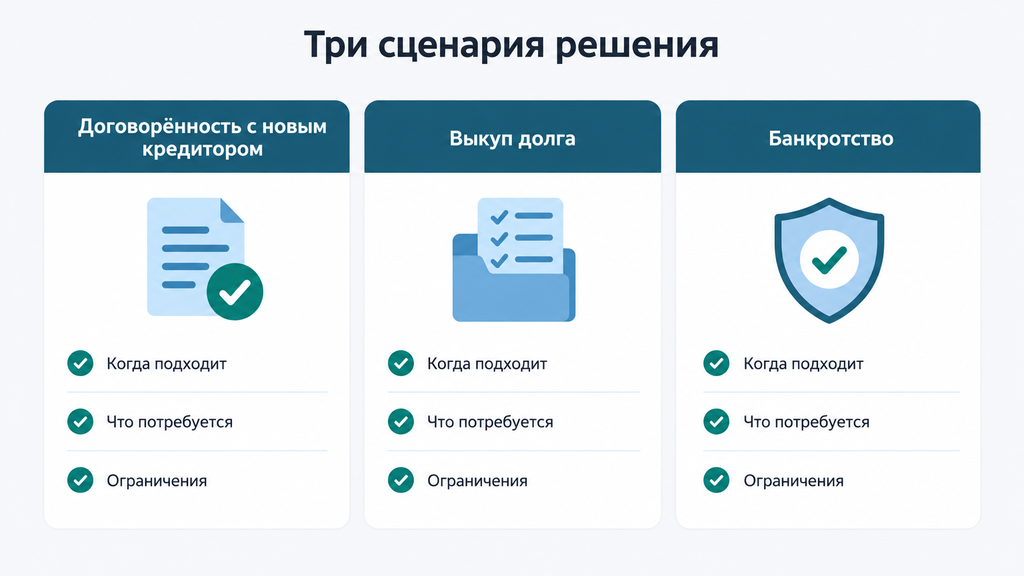 Сравнение трёх вариантов решения долговой ситуации: договорённость с кредитором, выкуп задолженности и банкротство. Визуальный гид для выбора подходящего финансового сценария.