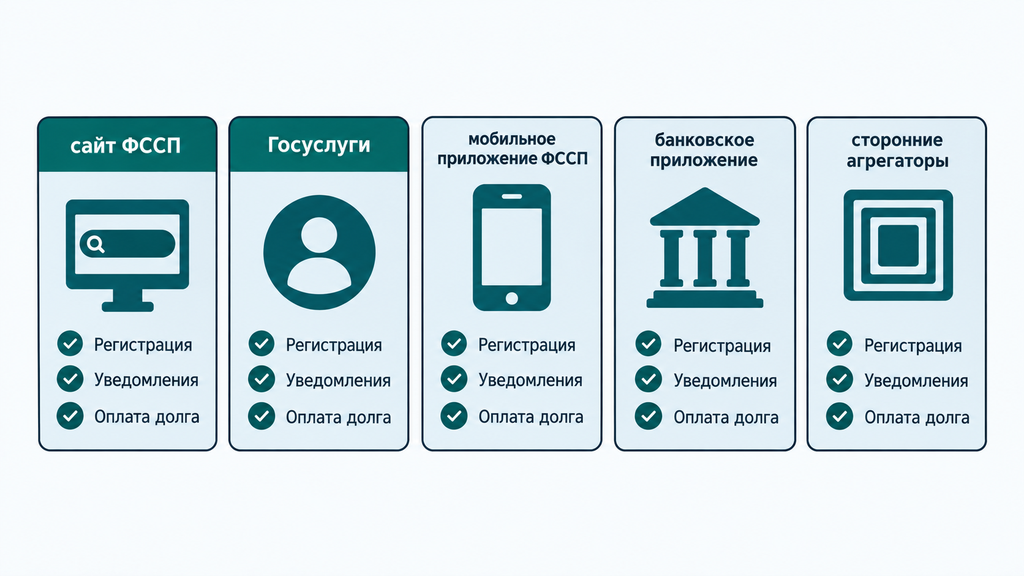 Сравнительная карточка способов проверки долгов: сайт ФССП, Госуслуги, мобильные приложения, банки и агрегаторы. Показаны регистрация, уведомления и возможность оплаты долга.