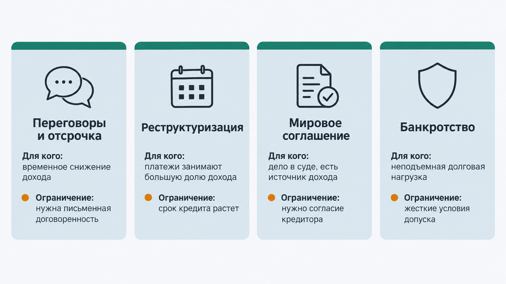 Сравнение четырёх законных способов справиться с просроченным долгом: переговоры, реструктуризация, мировое соглашение и банкротство