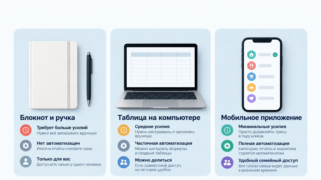 Визуальное сравнение трёх способов учёта доходов и расходов: блокнот, электронная таблица и приложение с ключевыми параметрами выбора каждого варианта