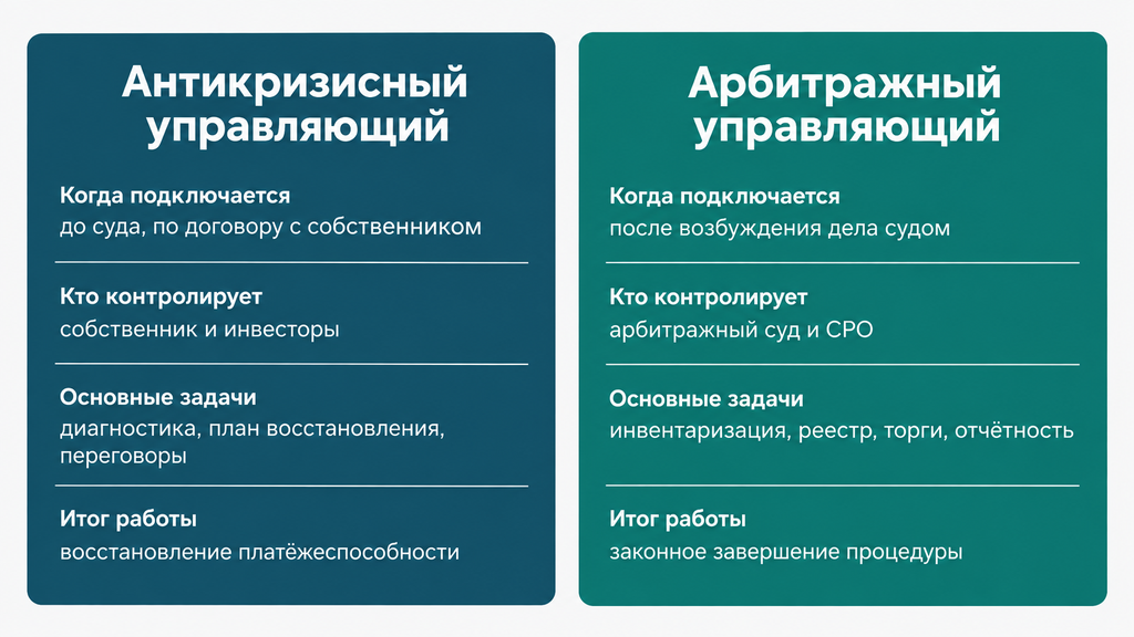 Сравнение антикризисного и арбитражного управляющих в виде двух карточек с этапами подключения, контроля, задач и результатов