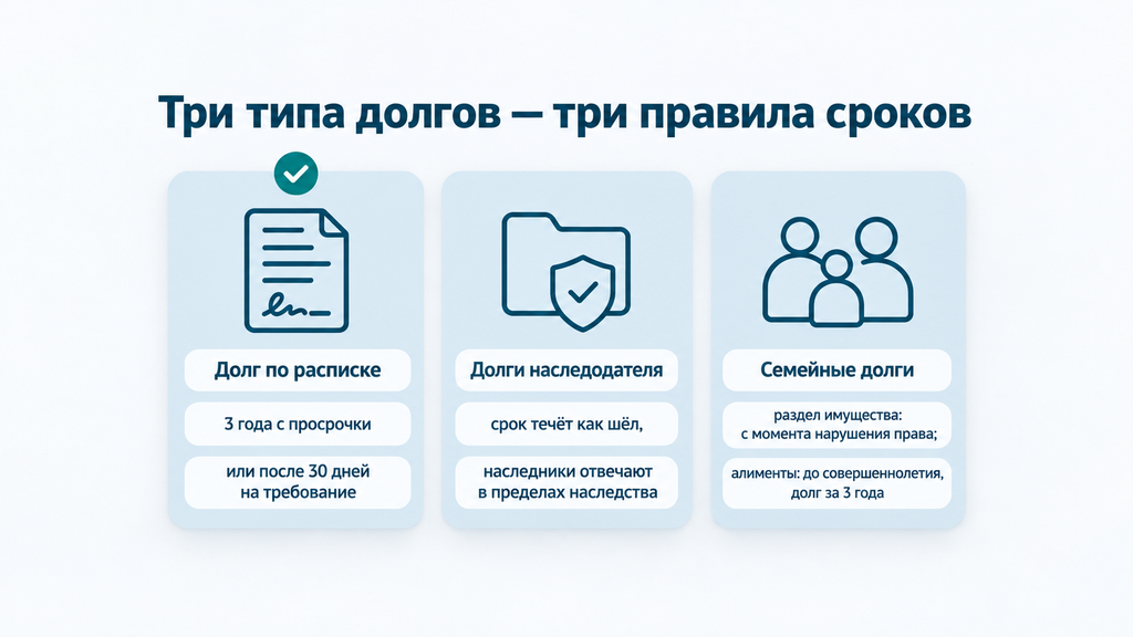 Сравнительная карта трёх типов долгов: сроки исковой давности для расписки, наследства и семейных обязательств с ключевыми правилами расчёта периодов