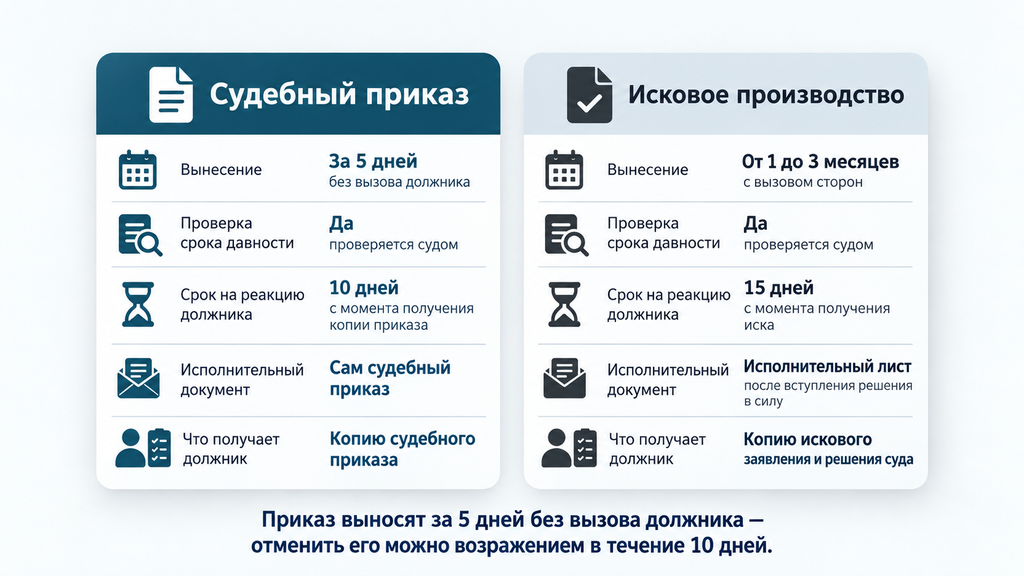 Сравнительная карточка двух видов судебных производств: упрощённый судебный приказ и полное исковое производство. Показаны отличия в сроках вынесения решения, проверке срока давности и действиях должника.