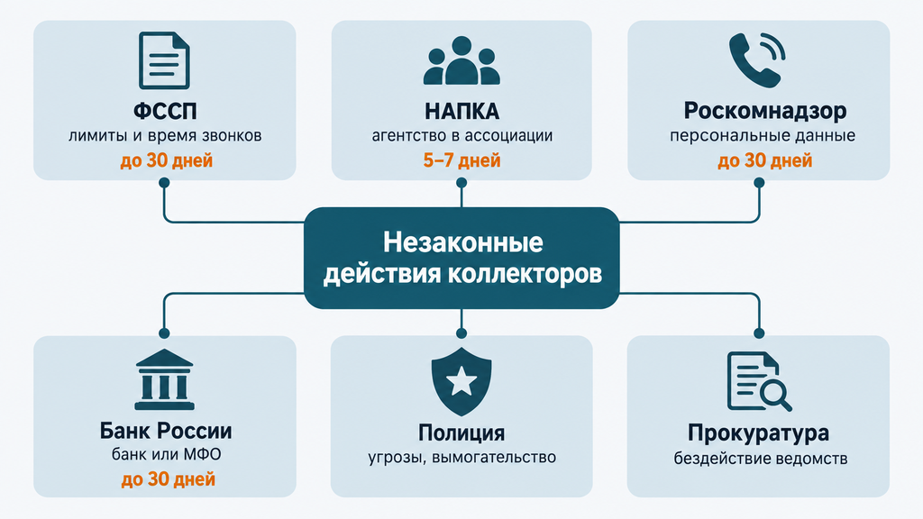 Схема шести инстанций для жалоб на незаконных коллекторов с указанием типа нарушения и срока рассмотрения