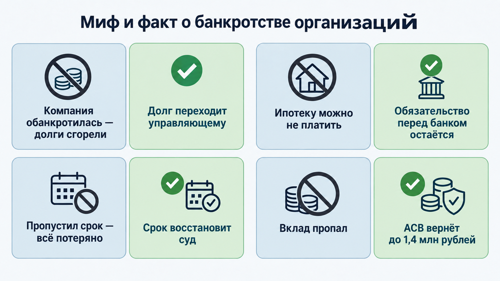 Карточки «Миф и факт» о банкротстве организаций: четыре пары утверждений с краткими пояснениями на синем и зелёном фоне