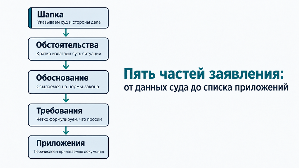 Схема структуры заявления в суд из пяти последовательных блоков