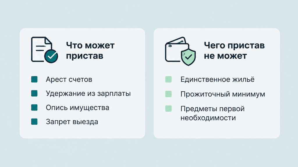 Инфографика «Что может и не может делать судебный пристав». Две карточки с мерами принудительного взыскания (арест счетов, удержание зарплаты, запрет выезда) и юридическими ограничениями (единственное жильё, прожиточный минимум). Спокойный дизайн с бирюзовыми и зелёными маркерами. Подпись: «Полномочия судебного пристава: границы есть».