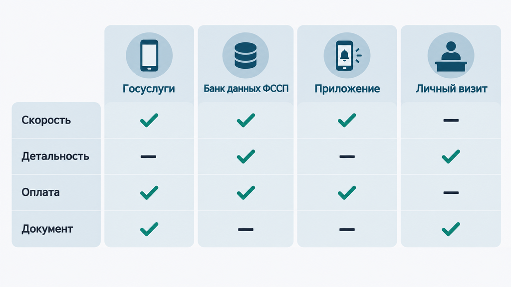 Сравнение способов проверки судебных задолженностей: Госуслуги, база ФССП, приложение и личный визит. Наглядная таблица с критериями скорость, детализация, стоимость и наличие официального документа