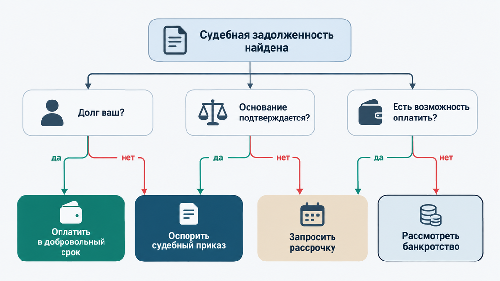 Схема выбора действий при наличии судебного долга: оплата, оспаривание, рассрочка или банкротство