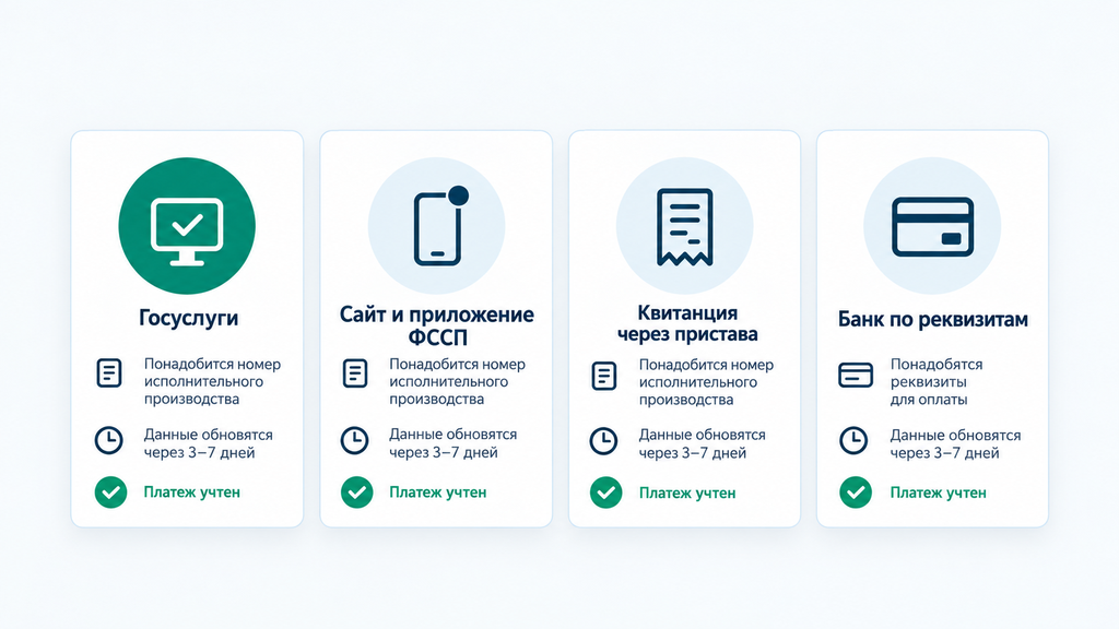 Инфографика с четырьмя способами оплаты судебного долга: Госуслуги, сайт ФССП, квитанция от пристава и банковский перевод