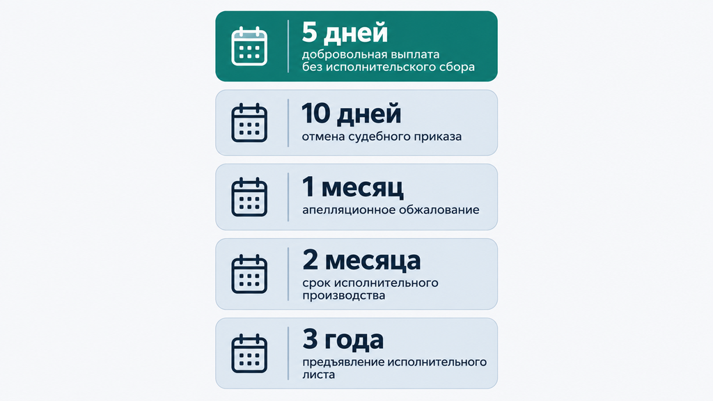 Инфографика ключевых сроков выплаты долга по решению суда в 2026 году. Вертикальная шкала из пяти карточек: 5 дней добровольной выплаты, 10 дней отмены приказа, 1 месяц апелляции, 3 года срока действия листа и 2 месяца производства с пояснениями.