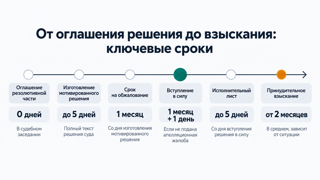 Сроки судебного решения: от оглашения резолютивной части до принудительного взыскания по исполнительному листу